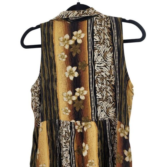 Vtg 80s Tropical Floral Button Front Dress Sz M Sleeveless Rayon Brown Pockets - Picture 10 of 12